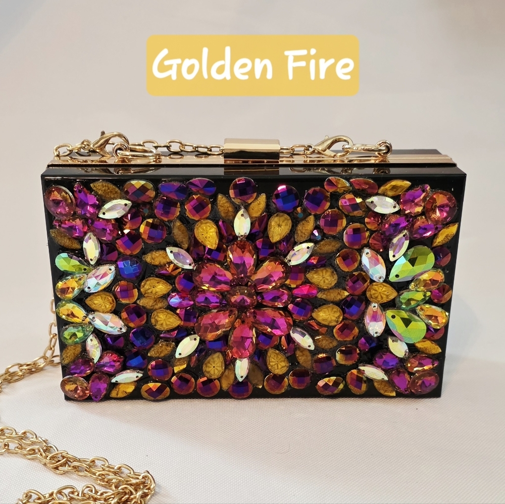 Handmade Pearl Chaos Black Acrylic Clutch - Golden Fire